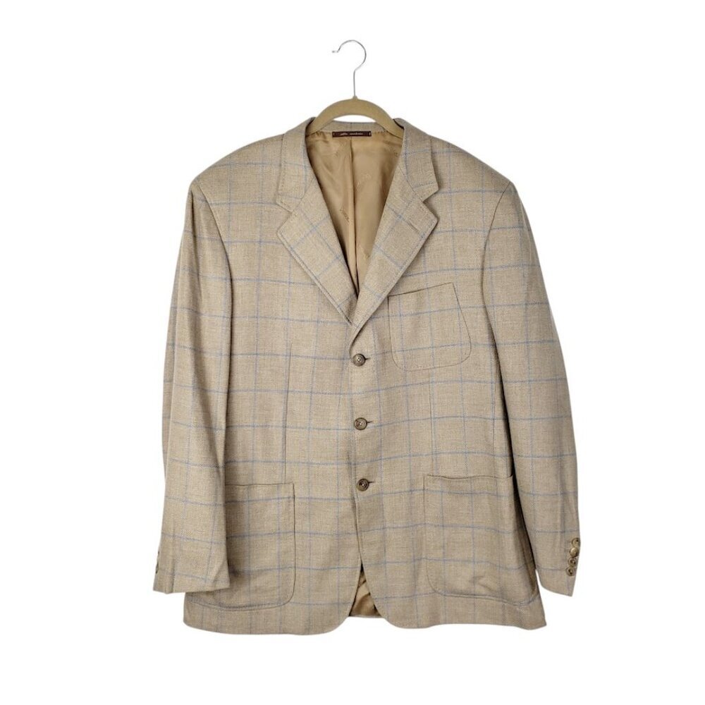 Ravazzolo Beige Plaid Wool Cashmere Three Button Blazer Jacket Mens 52/US 42
